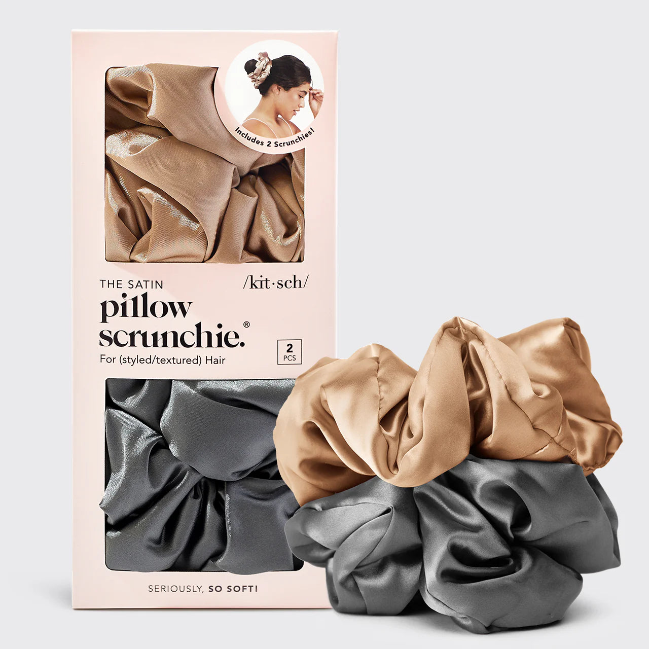 Kitsch | Charcoal & Gold Satin Pillow Scrunchies | 2pc Set