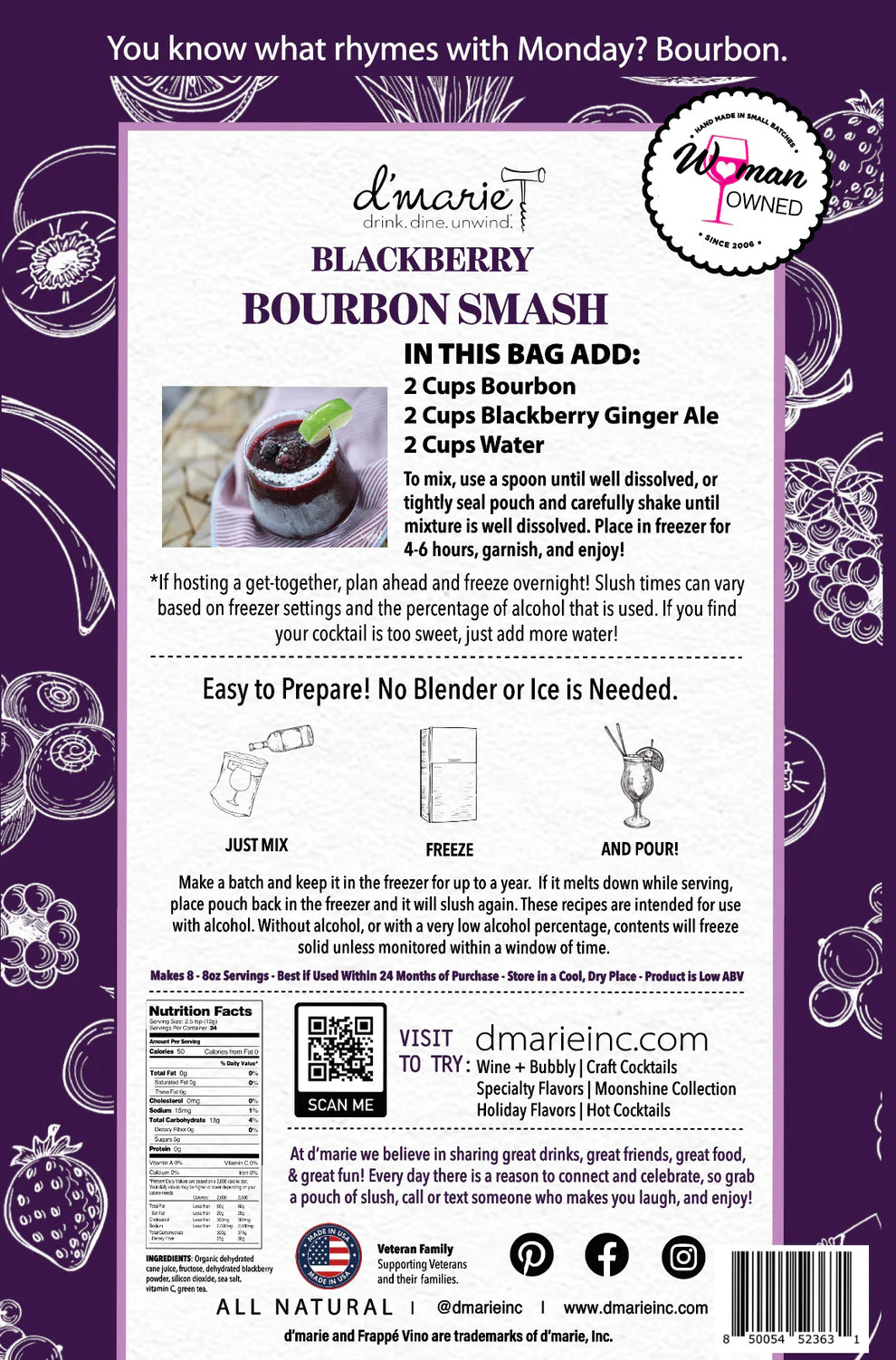 d'marie Craft Cocktail Slush Mix | Blackberry Bourbon Smash