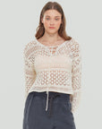 Dex Clothing Lace Up Crochet Off-White Sweater