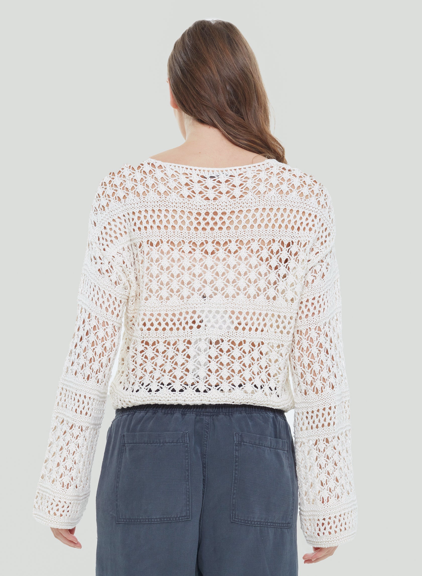 Dex Clothing Lace Up Crochet Off-White Sweater